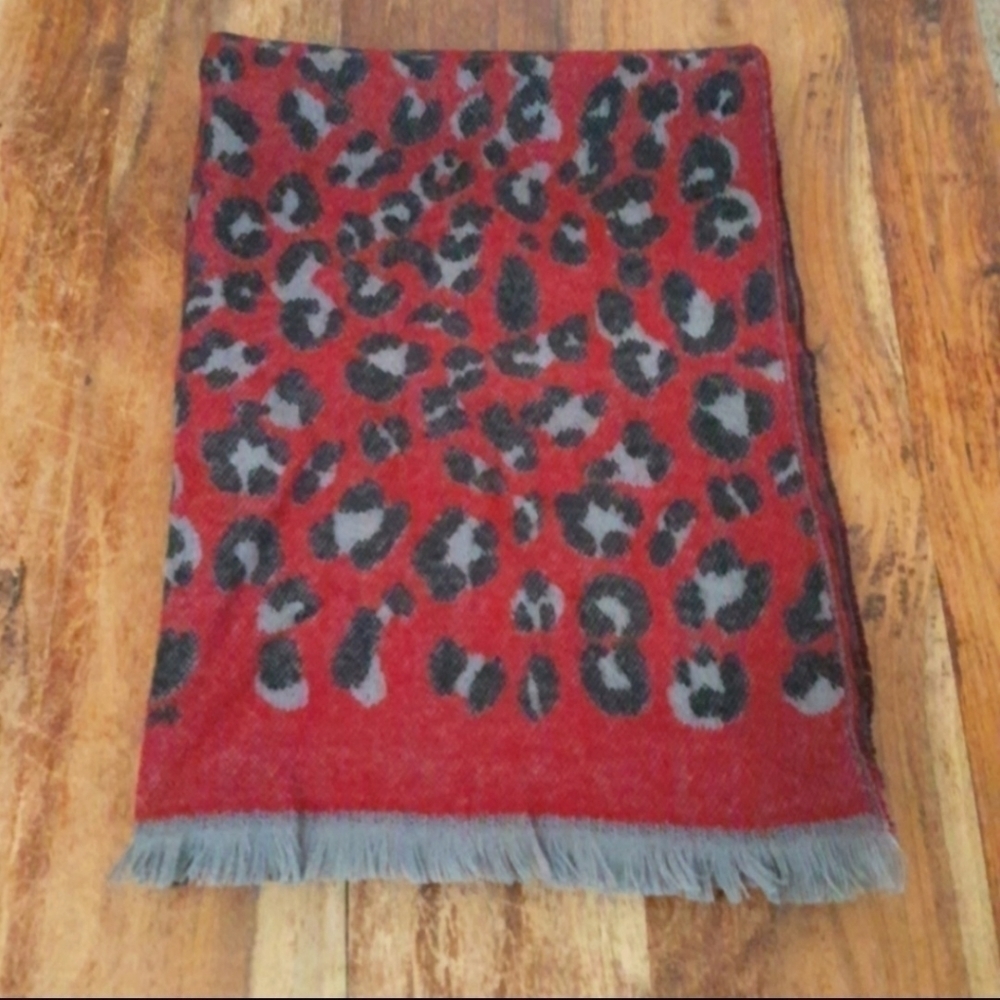 Fashion Nova Red And Gray Fringed Leopard Scarf